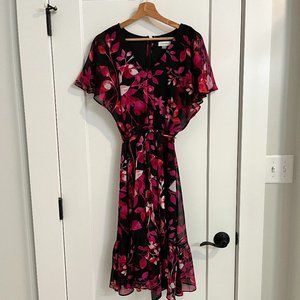 Calvin Klein Floral Black & Pink Midi Dress Size 8